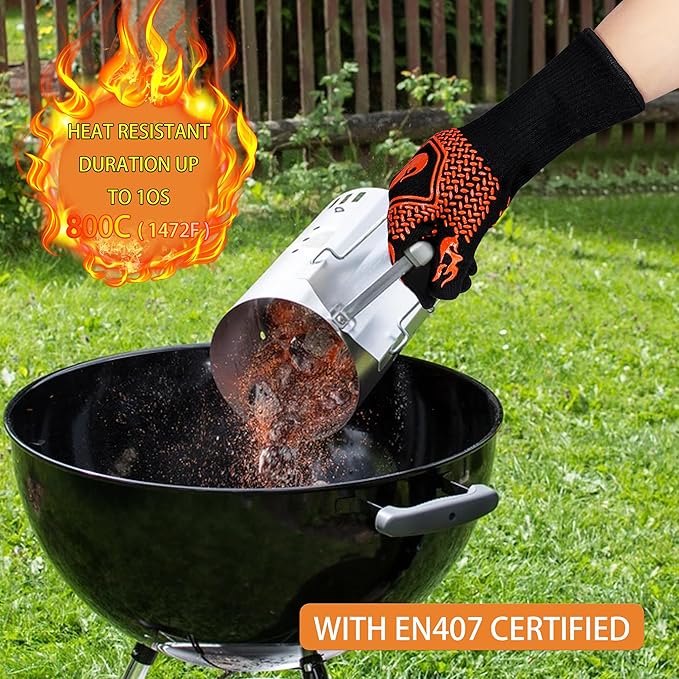 BBQ Fireproof Gloves, Grill Cut-Resistant Gloves 1472°F Heat Resistant Gloves, Non-Slip Silicone Oven Gloves, Kitchen Safe Cooking Gloves for Oven Mitts,Barbecue,Cooking, Frying,13.5 Inch-Orange
