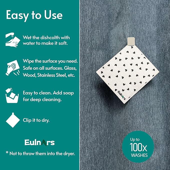 Reusable Paper Towels, 8-Pack Swedish Dishcloths for Kitchen with 3 Clips, Black White, Cotton, 200 Washes