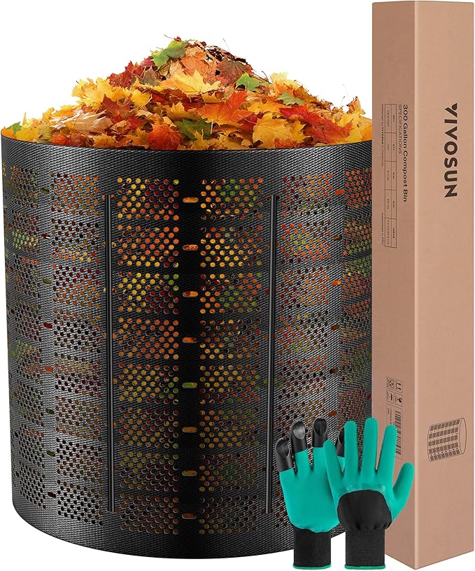 VIVOSUN 300 Gallon Outdoor Compost Bin, Expandable Composter, Easy to Setup & Large Capacity for Backyard, Lawn (Black with Gloves)