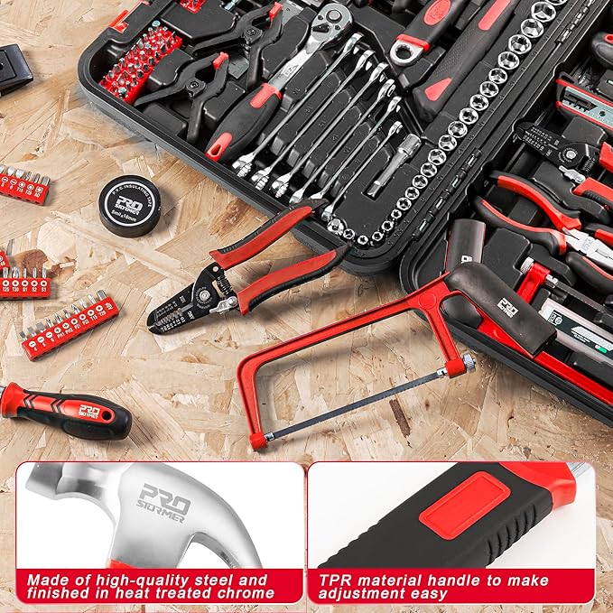 Prostormer 259-Piece Tool Kit, General Household Hand Tool Set with Plastic Storage Toolbox, Portable Complete Repair Tool Box for Home and Car (Red)