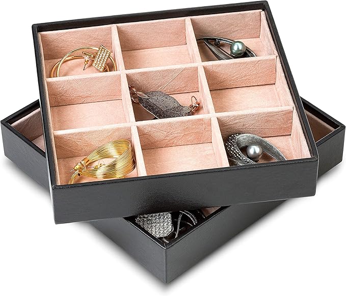 Jewelry Organizer Tray - Set of 2 - Stackable 18 Slots Jewelry Storage Trays - Display on Dresser or Drawer - Compatible with Other Glenor Trays - Black