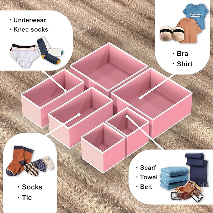 Simple Houseware Underwear Drawer Organizer for Lingerie/Undergarment/Bra/Panty/Sock/Onesie, Set of 6, Pink