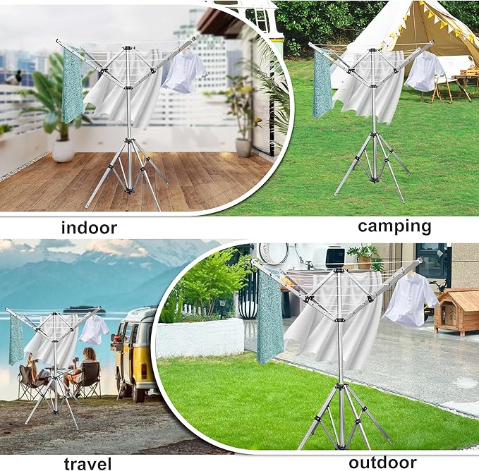 Outdoor Drying Rack with 4-arm Telescopic Aluminum Drying Rack Fixed with Ground Nails, 28 Drying Ropes, 65 Feet Large Capacity Windproof Rotating Umbrella Style Clothes Drying Rack