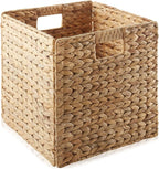 Casafield 12" x 12" Water Hyacinth Storage Baskets, Natural - Set of 6 Collapsible Cube Organizers, Woven Bins for Bathroom, Bedroom, Laundry, Pantry, Shelves