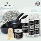 Culina Cast Iron Soap & stick & Conditioning Oil & Stainless Scrubber &Restoring Scrub & brush | All Natural Ingredients | Best for Cleaning, Non-stick Cooking & Restoring | for Cast Iron Cookware