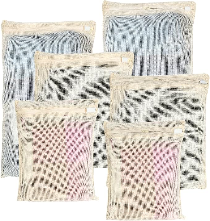 Mesh Laundry Bags Delicates: Laundry Bags Mesh Wash bags - Durable Cotton Garment Bag with Sturdy Zipper for Washing Machine Lingerie Clothes Pants Shoes & Socks Beige(6 PCS)