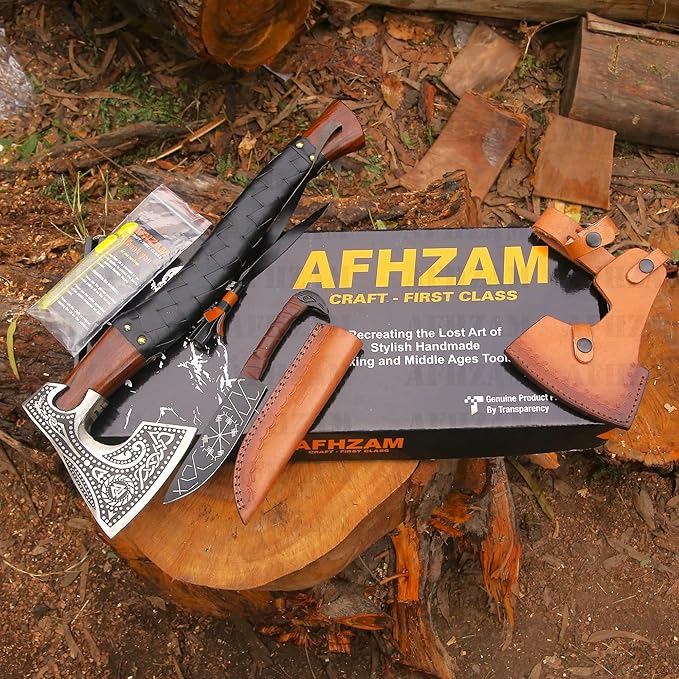 Viking Axe with Gift Vikings Knife Sheath | HandForged Carbon Steel Camping Axes and Hatchets Viking Gifts for Men | Bearded Vikings Valhalla Axe (Ax-64)