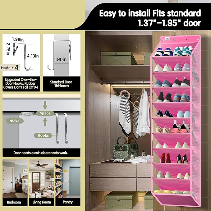 10 Tier Hanging Shoe Rack - Heavy Duty Behind The Door Hanging Shoe Rack, Sturdy Oxford Cloth, 20+ Pairs Over The Door Shoe Cabinet for Boots and Sneakers - Save 50% Closet Space! (Pink)
