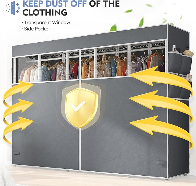 Raybee 90.6" W Clothes Rack with Cover Heavy Duty Clothing Racks for Hanging Clothes Extra Wide Portable Closet Loads 1200LBS Freestanding Garment Rack for Bedroom, White