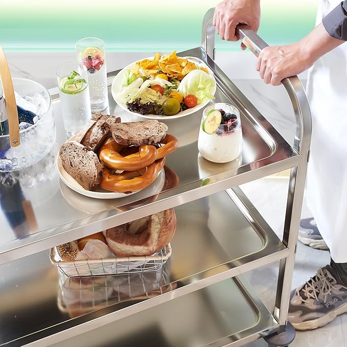 CURTA Stainless Steel Serving Trolley, 34" L x 18" W x 36" H 3 Tiered Shelf Kitchen Utility Cart, Rolling Casters Brake Wheel, Commercial Pro for Restaurant/Hotel/Lab/Clinic/Salon/Workshop