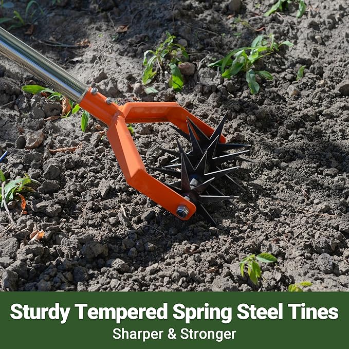 67-Inch Garden Cultivator with Tempered Spring Steel Tines, Adjustable Stainless Steel Handle, Manual Rotary Design for Soil Loosening