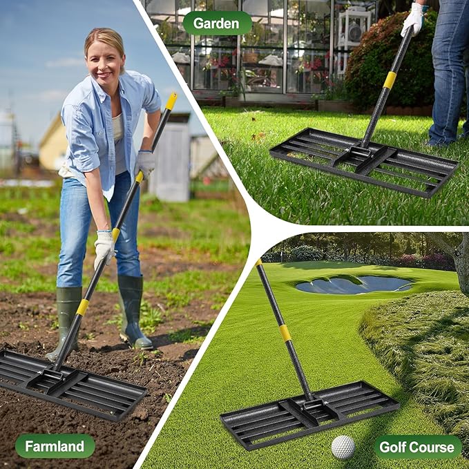 Lawn Leveling Rake, 30 Inch Heavy Duty Lawn Leveler with Adjustable Handle, Yard Soil Grass Dirt Leveling Rake Ground Level Tool (5FT)