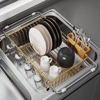 JASIWAY Gold in Sink Dish Drying Rack, Expandable Stainless Steel Small Dish Rack Over Kitchen Sink, Plate Drainer Strainer with Cutlery Holder & Cup Holders, Counter Space Saving Wire Dryer Rack