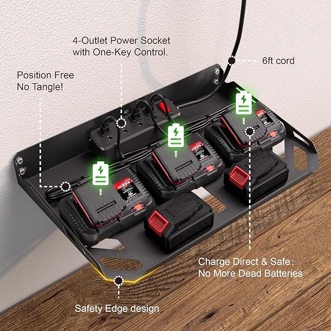 Power Tool Organizer Wall Mount with Charging Station, 3 Layer Heavy Duty Metal Tool Storage Rack Loads 420lbs with 4 Cordless Drill Holder, Battery Utility Rack Loads with 4 Power Strip