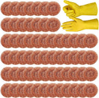 Hushee 50 Pack Copper Coated Scourers Rust Resistant Scrubbing Scouring Pad with 1 Pair of Rubber Household Cleaning Gloves Heavy Duty Copper Mesh Scourer for Dishes, Pots, Pans, and Ovens