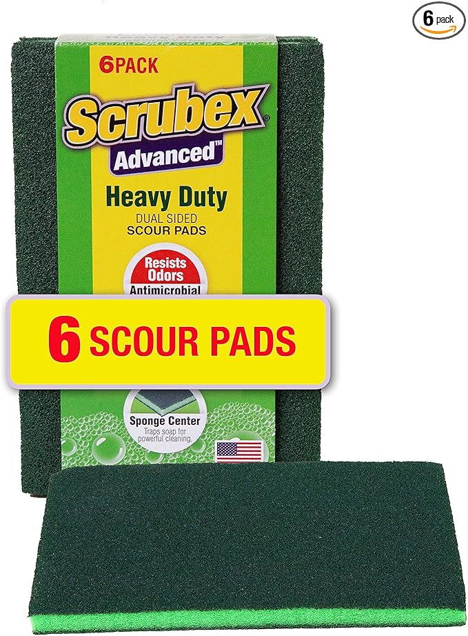 Heavy Duty Odor Resistant Multi-Purpose Scouring Pads, 6 Count for Kitchen and Household, Dual Sided, Safe for Non-Coated Cookware
