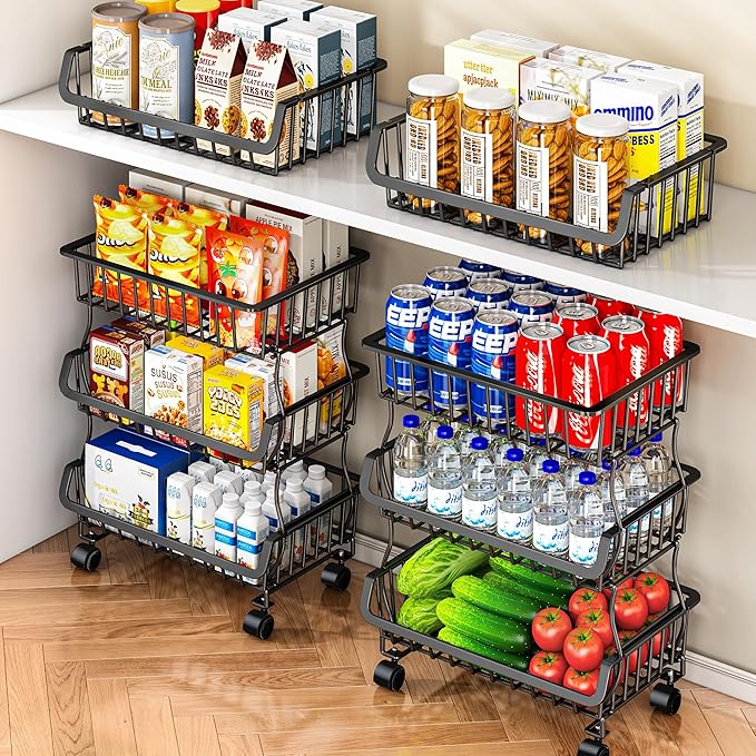 3-Tier Rolling Pantry Organizers and Storage Cart with Wheels – Stackable Wire Snack Cart for Kitchen, Pantry Shelves and Storage Rack for Fruit, Vegetables, Onion, Potato