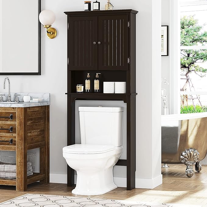 UTEX Bathroom Storage Over The Toilet, Above Toilet Storage Cabinet Organizer with Adjustable Shelves and Double Doors, Espresso