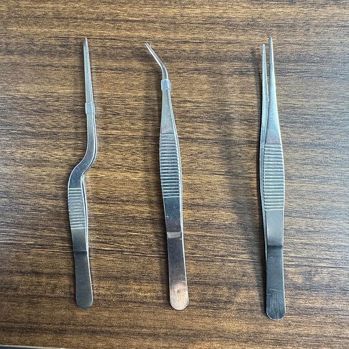 Stainless Steel Tweezers Set for Small Gardening and Kitchen, Multi-Purpose Tools Silver Tweezers (3Pcs, 6.22Inches / 6.33Inches / 6.4Inches)