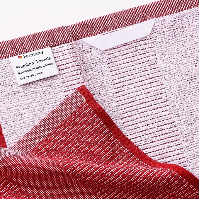 Homaxy Premium Kitchen Towels(18”x 28”, 12 Pack), Large Cotton Kitchen Hand Towels, Flat and Terry Dish Towels, 380 GSM Highly Absorbent Tea Towel Set with Hanging Loop, Red