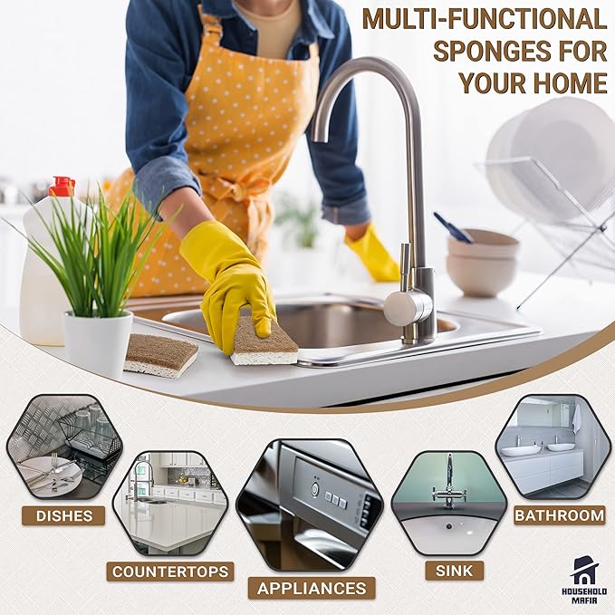 Biodegradable Natural Kitchen Sponge - Compostable Cellulose and Coconut Scrubber Sponge - Pack of 12 Eco Friendly Sponges for Dishes