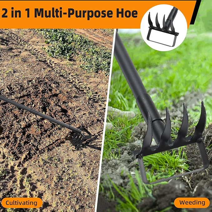 Action Stirrup Hoe Garden Tool Weed Puller with Adjustable Long Handle, Heavy Duty Hula Hoe and 4 Tines Rake 2 in 1 Gardening Tools Garden Cultivator for Weeding Soil Loosening, Black