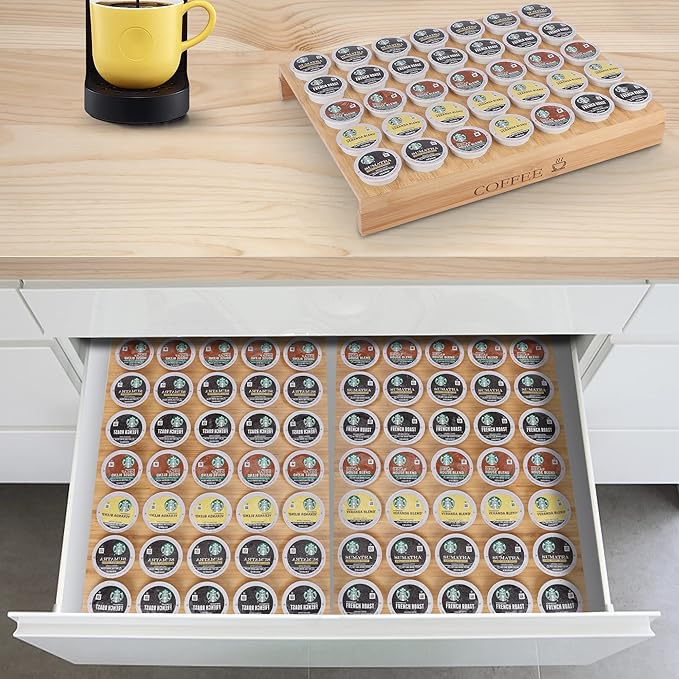 MinBoo BamBoo k cup holder Drawer or Countertop k cup Organizer Coffee Pod Holder Hold 35 Coffee Pod Storage Kcup coffee pods holder for coffee station Office and Kitchen k cup storage