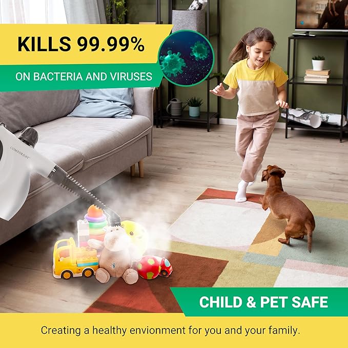 Comforday Multi-Purpose Steam Cleaner with 9-Piece Accessories, Pressurized Handheld Steam Cleaner, Perfect for Stain Removal, Curtains, Car Seats, Floor, Bathroom (White)