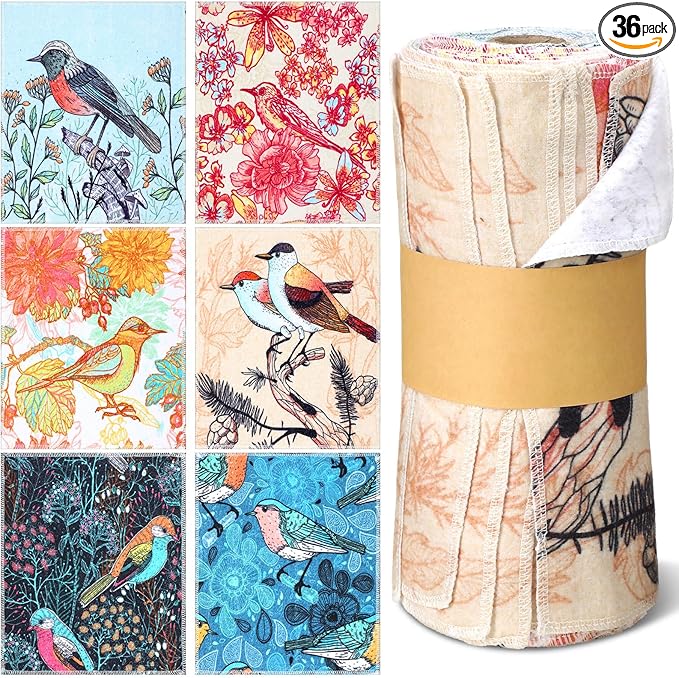 36 Count Reusable Cleaning Cloths Washable Cotton Kitchen Towels for Home(Bird Style,Multicolor)