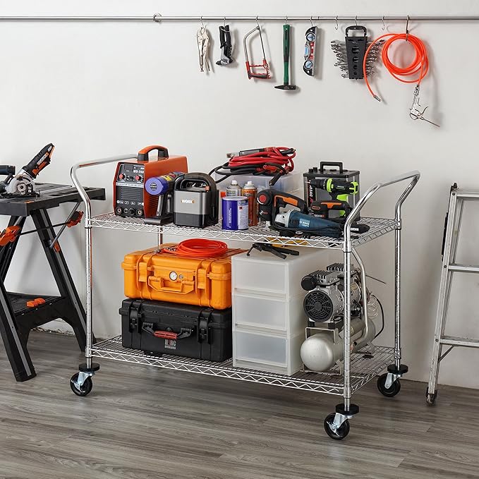 Finnhomy 2-Tier Commercial Grade Rolling Cart, Heavy Duty Utility Cart, Carts with Wheels and Handles, Kitchen Cart on Wheels, Metal Serving Cart with 700 lbs Capacity, Shelf Size 24" D x 48" W, NSF