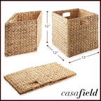 Casafield 12" x 12" Water Hyacinth Storage Baskets, Natural - Set of 2 Collapsible Cube Organizers, Woven Bins for Bathroom, Bedroom, Laundry, Pantry, Shelves