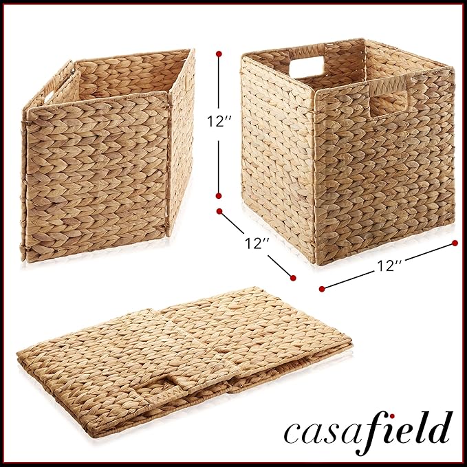 Casafield 12" x 12" Water Hyacinth Storage Baskets, Natural - Set of 2 Collapsible Cube Organizers, Woven Bins for Bathroom, Bedroom, Laundry, Pantry, Shelves