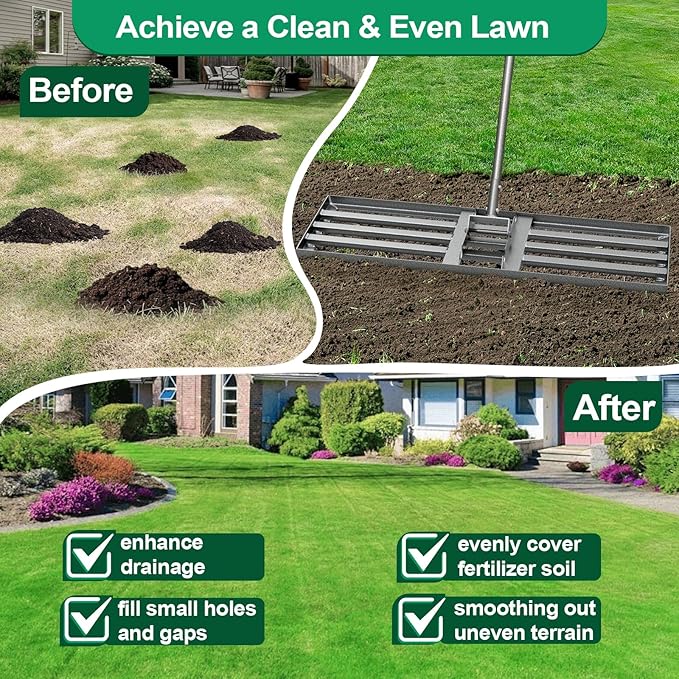 Lawn Leveling Rake with 36"x10" Ground Plate Heavy Duty, Oversized Yard Leveling Rake Tool for Soil - Adjustable Effort Saving Handle, Metal Landscape Lawn Leveler for Garden, Topdressing & Seeding