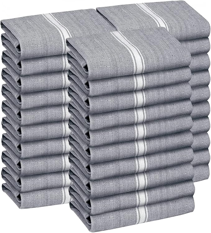 Zeppoli Classic Kitchen Towels - 30 Pack 100% Natural Cotton Towel Set, Reusable Wash Cloths, Absorbent Dish Towels, Machine Washable Hand Towels, Kitchen Essentials - 14” by 25” - Gray Base