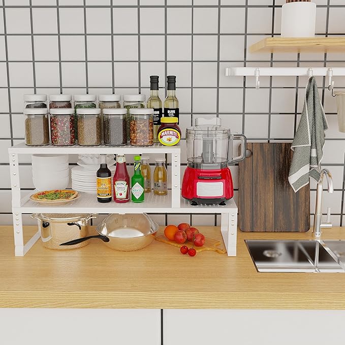 Expandable Adjustable Stackable Kitchen Organizer, Spice Rack,Metal Pantry Storage Shelves Racks,Counter Shelf for Cabinets, Countertop, Cupboard(3 Packs/Large/White)