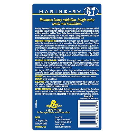 Meguiar's M6732 Marine/RV One Step Compound, Remove Oxidation, Stains, Scratches, and Water Spots, Restore The Color and Shine of Fiberglass Gel Coat Finishes, 32 Oz Bottle