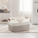 72L Large Laundry Basket with Leather Handles for Living Room Storage, Woven Rope Baskets Bin for Blanket, Kids Toy, Gifts, Wicker Hamper for Bedroom Dirty Clothes, 22"x17"x12" Dark Brown