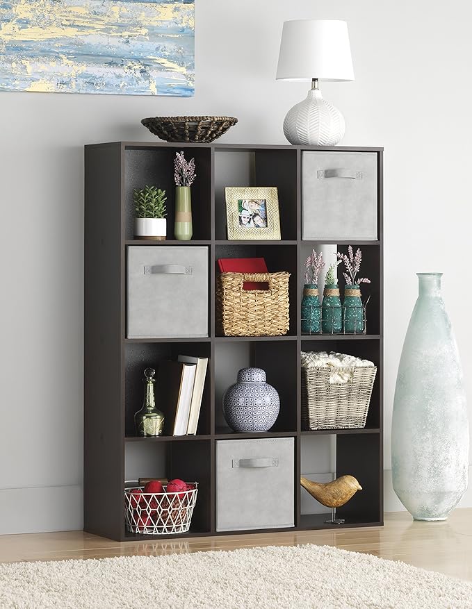 Whitmor 12 Cube Storage Organizer, 4 Tier Stackable Mdf Wood Bookcase, Open Storage Display Bookshelf, Storage Cabinet for Living Room, Bedroom, Home, Office, 35.1"L x 11.7"W x 47.5"H, Black