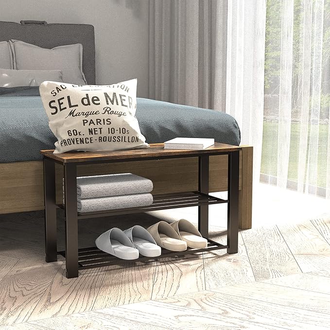 Simple Houseware Wood Top Shoe Storage Bench for Entryway, Rustic Brown