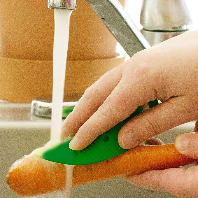 Vegetable Scrubber Brush : Double Sided Fruit and Vegetable Scrubber - Multi Use: Potato Scrubber - Carrot Brush - Trivet - Jar Opener - Coaster - Fruit Cleaner -BPA Free - Veggie Scrubber by Cestari