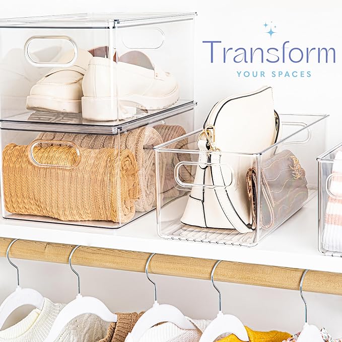 Plastic Food Storage 6 Pack Clear Container Bin with Handles for Organizing Kitchen, Pantry, Fridge, Freezer, Pantry, Bathroom. 14"x6"5"