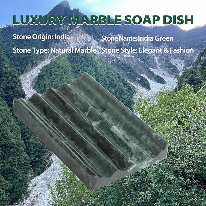 2PCS Koville Indian Natural Green Marble Soap Dish for Shower, Stone Soap Tray for Bathroom, Marble Bar Soap Holder for Sink, Stripe Grooves Soap Saver Sponge Holder