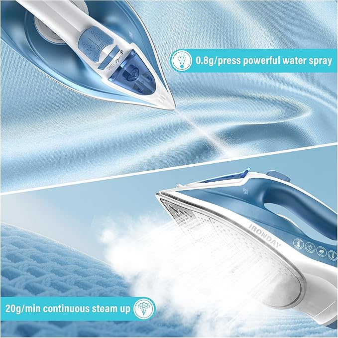 Steam Iron for Clothes Fast Heating, 1200W Iron with Non-Stick Ceramic Soleplate, Self-Cleaning, Burst of Steam, Spray Mist, 7.03oz Water Tank Ironing Clothes for Home, Blue