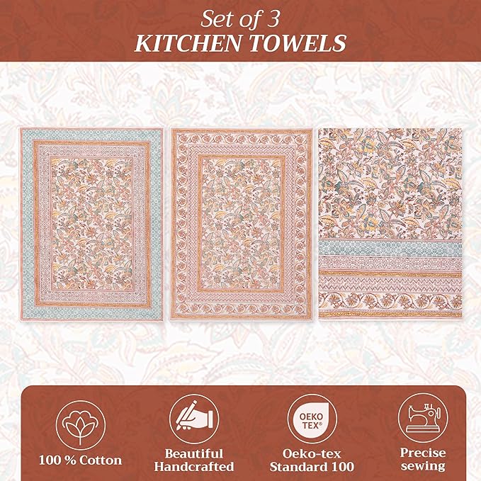 Maison d' Hermine Kitchen Towels Set of 3 100% Cotton 27.50" x 20" Reusable Cloth Tea Dish Towels Absorbent with Hanging Loop for Kitchen, Home, Dining, Cocktail Parties (Nila)