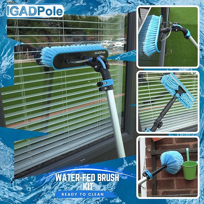 26ft IGADPole Washing Kit: Water-fed Brush, Cobweb Duster and 10” Squeegee and Soap Dispenser, with 5-Stage Telescoping Pole 5-20ft Pole