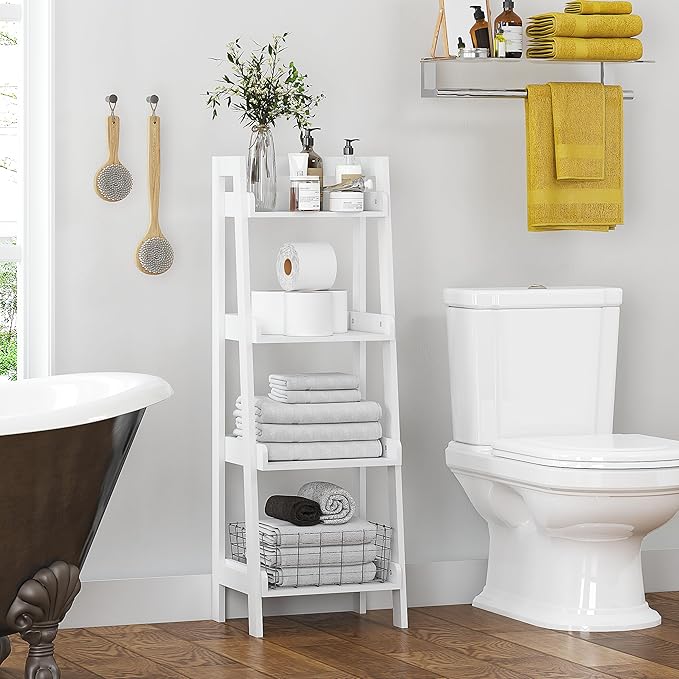 UTEX 4-Tier Ladder Shelf, Bathroom Shelf Freestanding, 4-Shelf Spacesaver Open Wood Shelving Unit, Ladder Shelf (White)