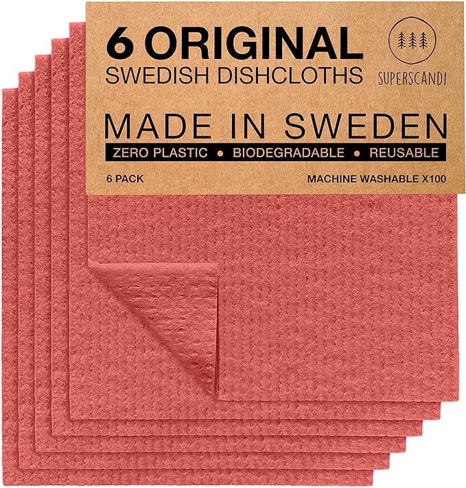 SUPERSCANDI 6 Pack Swedish Dishcloths for Kitchen - 100% Biodegradable & Compostable Reusable Paper Towels Washable, Food-Safe & Without Plastic - Dish Rags Suitable for Any Surface, Red