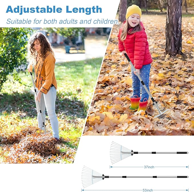 Garden Rake for Leaves, Metal Adjustable Leaf Rake for Lawns, Length 37"-53", Adjustable Expandable Head 8"-15", Garden Tools for Lawn Garden Yard Flowers Beds Bush