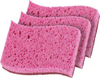 Superio Non-Scratch Cellulose Sponge Kitchen Scrub Sponges with Scouring Pad Set, Good for Non-Stick Cookware Frying Pan, Pot, Counter Top, Sink Scrubbing, Kitchen Scrubbers, Pack of 3, RedPink