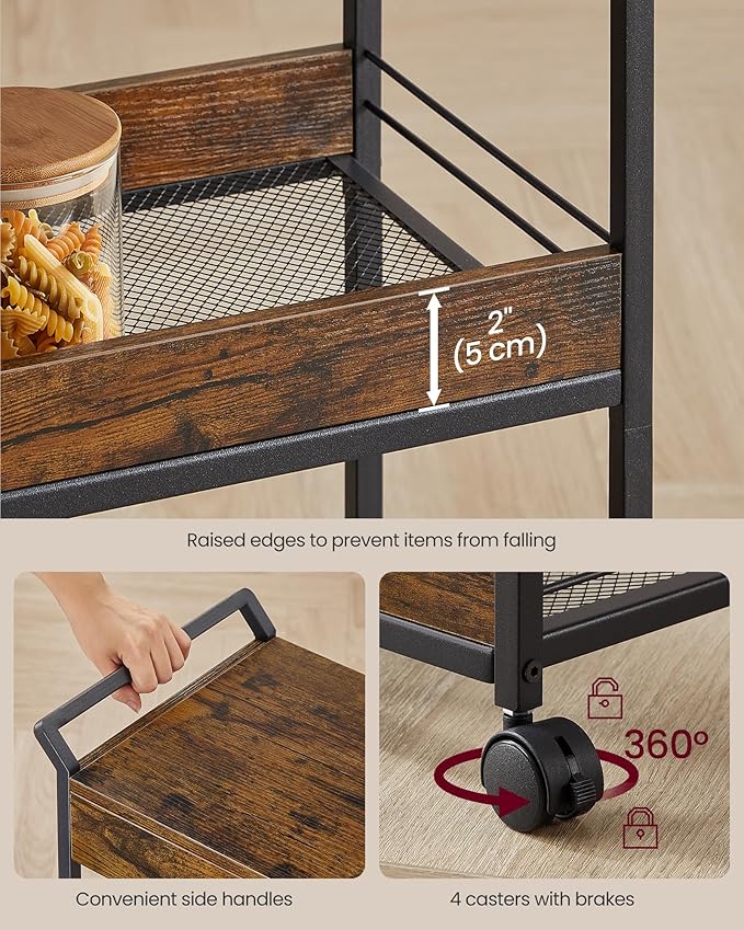 VASAGLE Storage Cart, 4-Tier Rolling Utility Cart with Table Top, Handles, 4 Lockable Casters, Top Drawer, Mesh Shelves, for Kitchen, Bathroom, Bedroom, Rustic Brown and Ink Black ULRC049K01